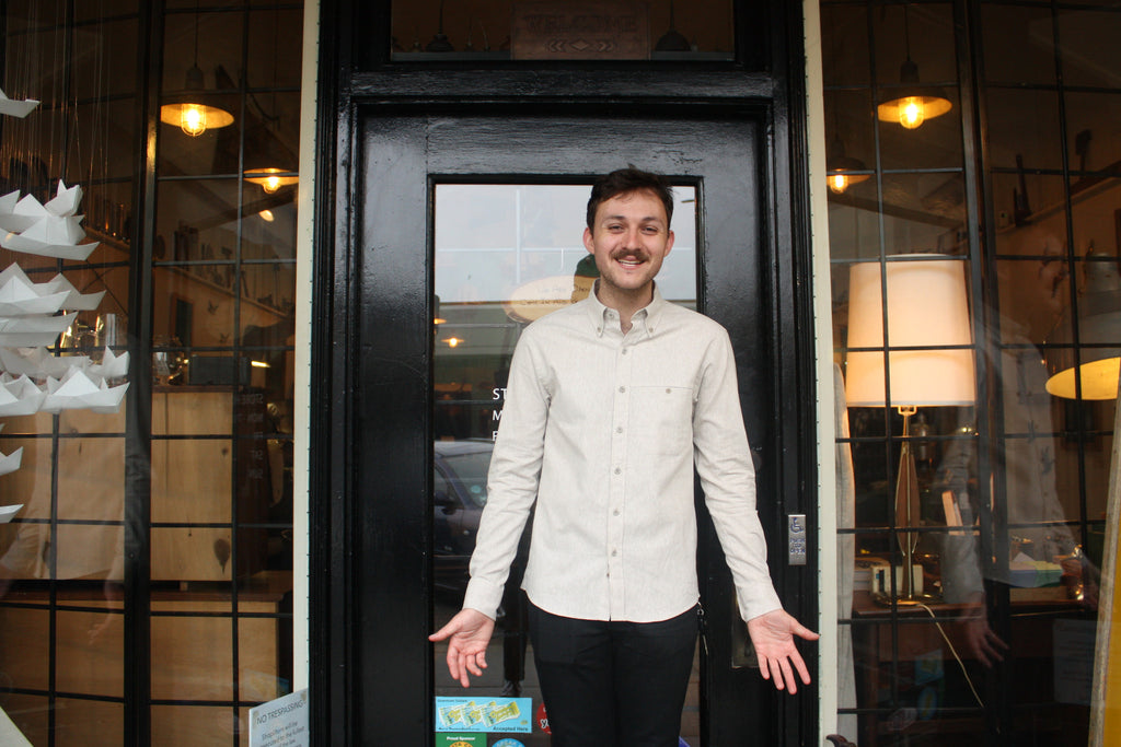 Nicholas wearing Raleigh Denim Workshop Button Down