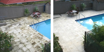Before and After Photo of treating mould on pool pavers