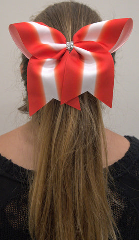 Red and white cheer bow on high ponytail