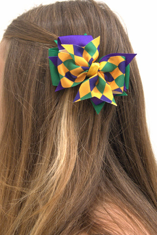 Mardi Gras print mini bow clip in hair