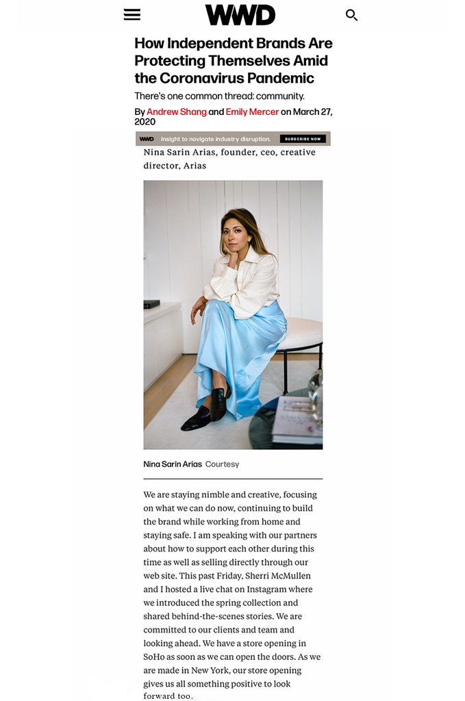 ARIAS independent brand feature in WWD on Covid-19