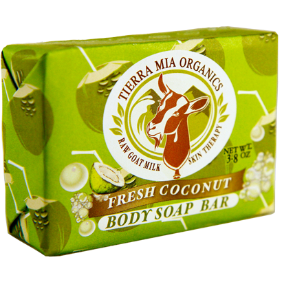 Front of Fresh Coconut Body Soap Bar made with 100% organic coconut oil and goat milk