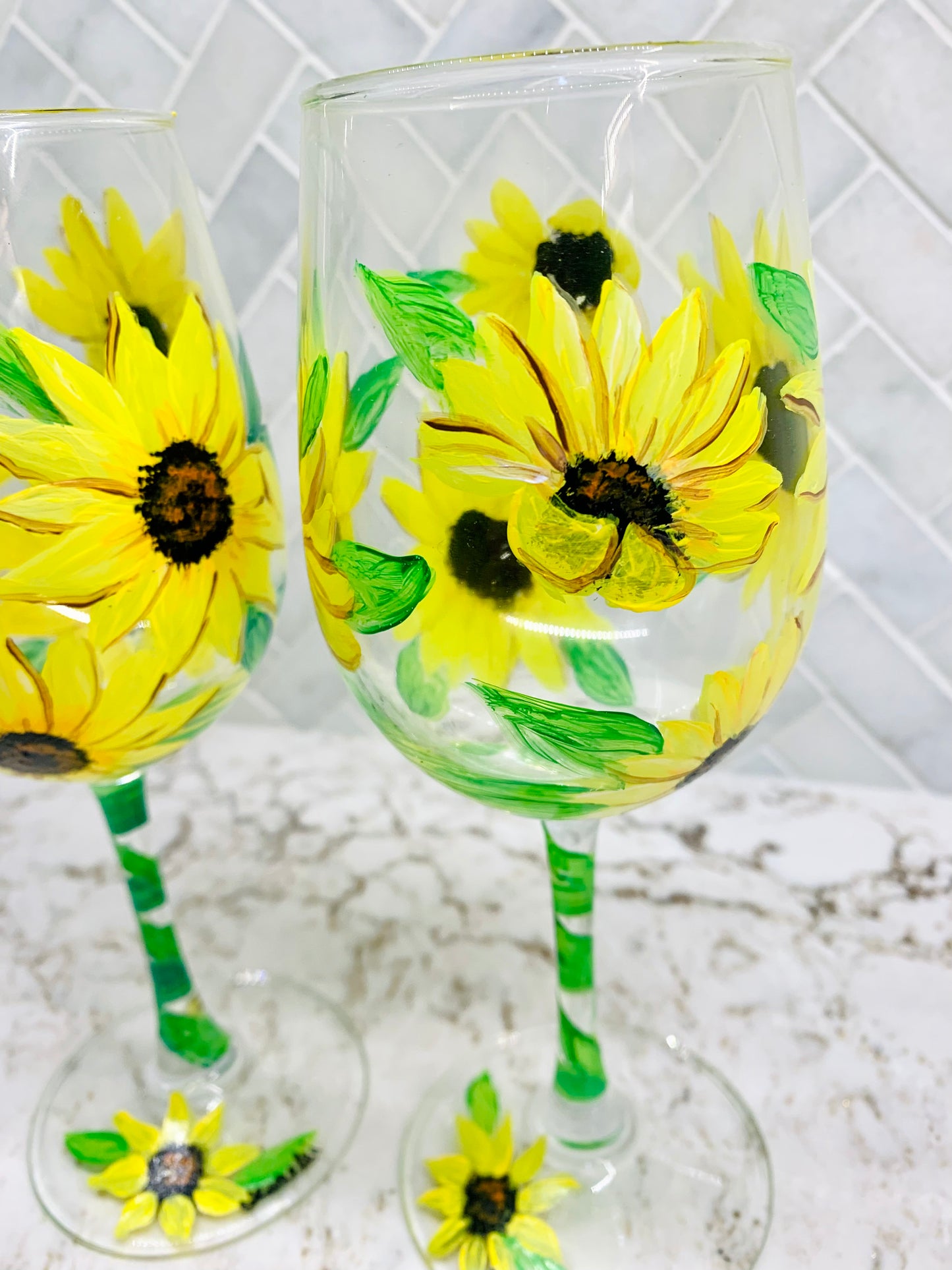 Sunflower 12oz Wine Glass Hand Painted Set Of 2