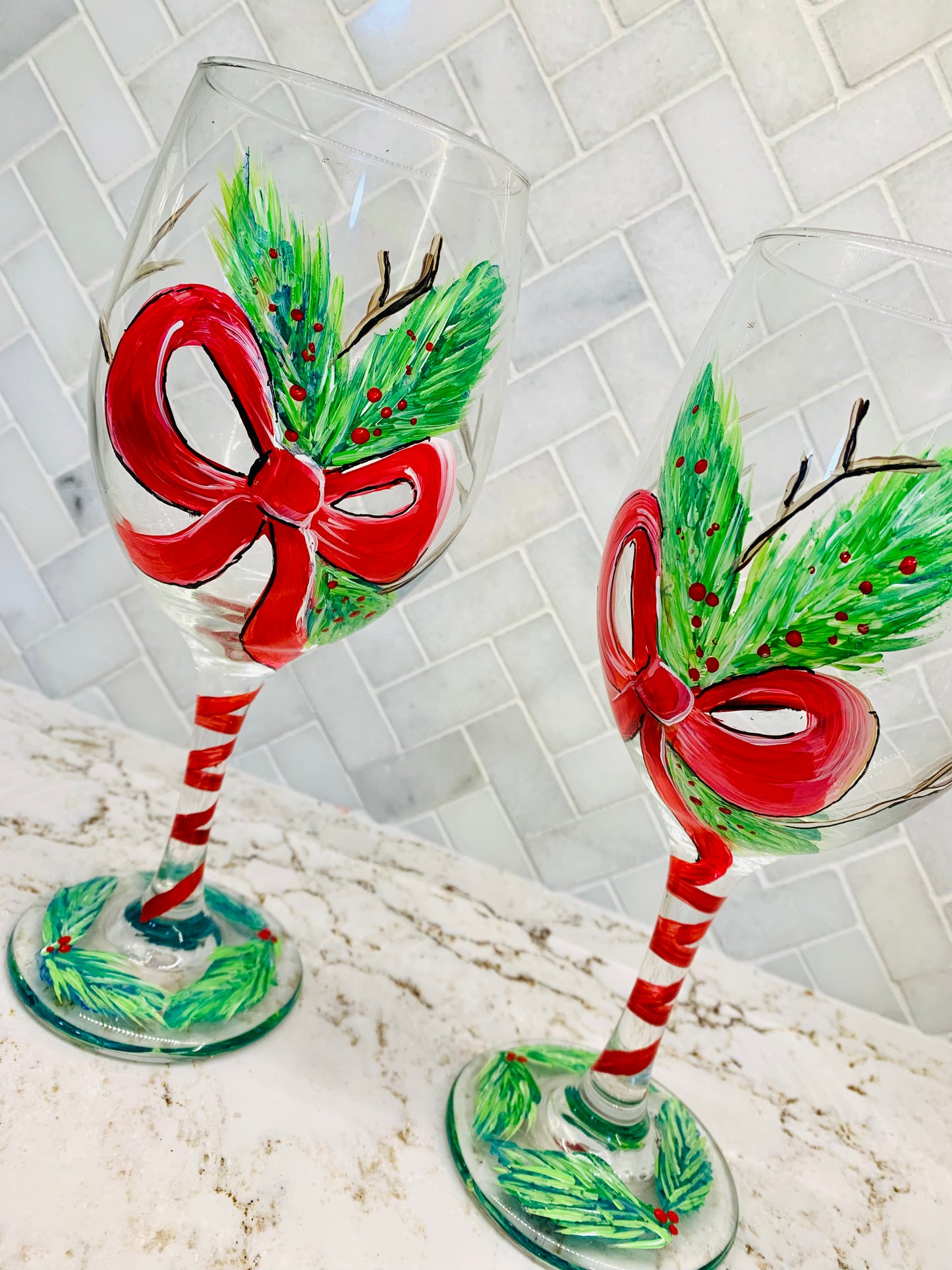 Christmas 20oz Wine Glass Hand Painted Set Of 2