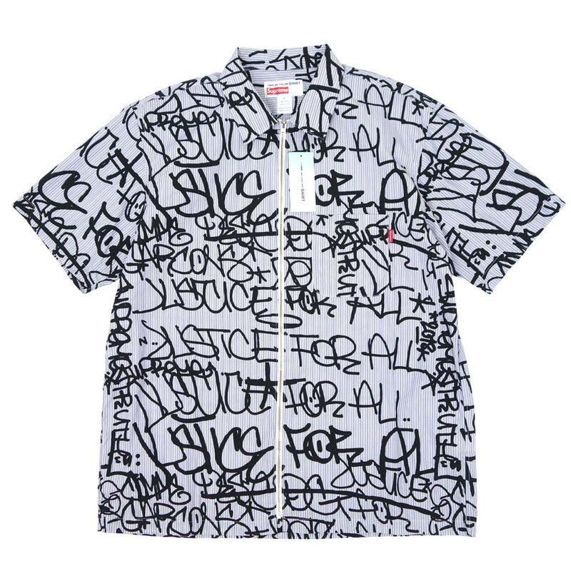 Supreme シュプリーム 18AW × Comme des Garcons SHIRT コムデギャルソン シャツ 18AW Graphic S/S  Shirt グラフィック 半袖 ジップ シャツ ライトブルー系 柄 L【極上美品】【中古】