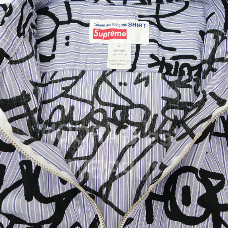 Supreme シュプリーム 18AW × Comme des Garcons SHIRT コムデギャルソン シャツ 18AW Graphic S/S  Shirt グラフィック 半袖 ジップ シャツ ライトブルー系 柄 L【極上美品】【中古】