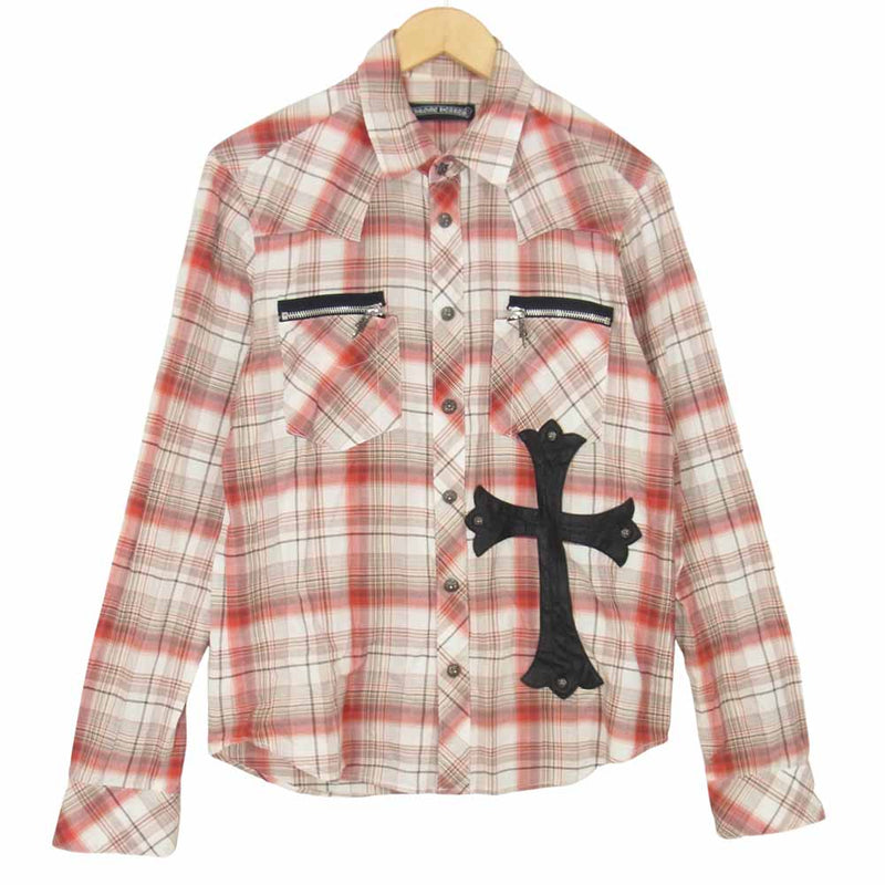 CHROME HEARTS クロムハーツ（原本無） レザー クロス パッチ チェックシャツ レッド系 XS【中古】