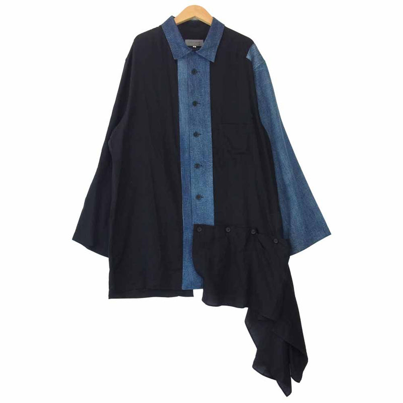 Yohji Yamamoto ヨウジヤマモト POUR HOMME プールオム 20AW HD-B34-823 CELLULOSE LAWN 8OZ  DENIM LEFT HEM NO FIXING BLOUSE デニム切替 変形 シャツ ブラック系 インディゴブルー系 4【美品】【中古】