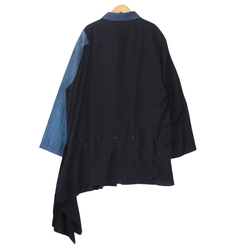 Yohji Yamamoto ヨウジヤマモト POUR HOMME プールオム 20AW HD-B34-823 CELLULOSE LAWN 8OZ  DENIM LEFT HEM NO FIXING BLOUSE デニム切替 変形 シャツ ブラック系 インディゴブルー系 4【美品】【中古】