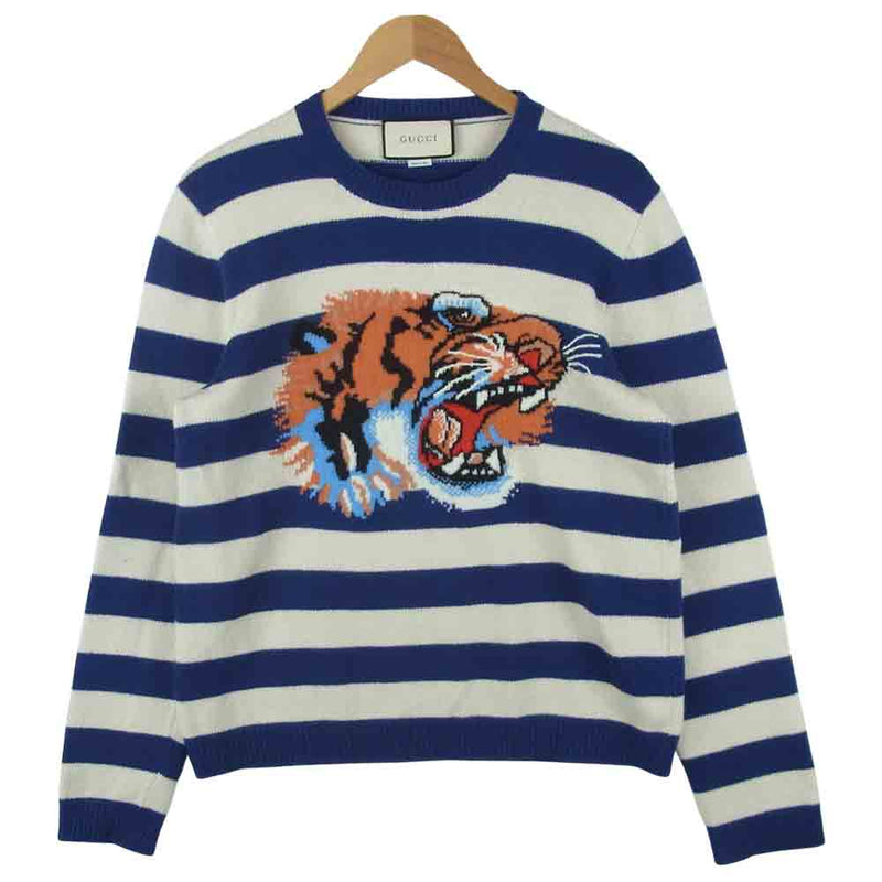 GUCCI グッチ 18SS 499250 X9186 国内正規品 TIGER HEAD LOVED タイガーヘッド ボーダー ニット ブルー系  ホワイト系 M【中古】