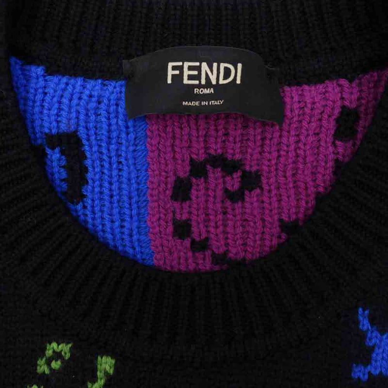 FENDI フェンディ 21AW FZY463 AH3E 国内正規品 ARTIST ALLOVER KNIT マルチ レタリング ロゴ クルーネック  ニット セーター ブラック系 50【中古】