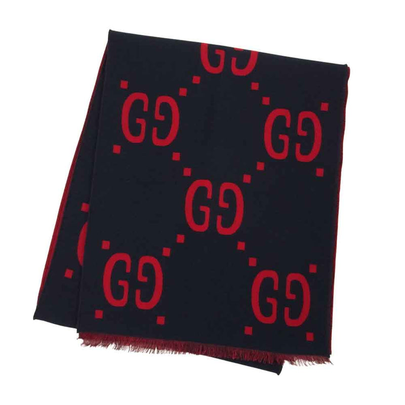 GUCCI グッチ GGジャカード ウールシルク スカーフ マフラー レッド系【美品】【中古】