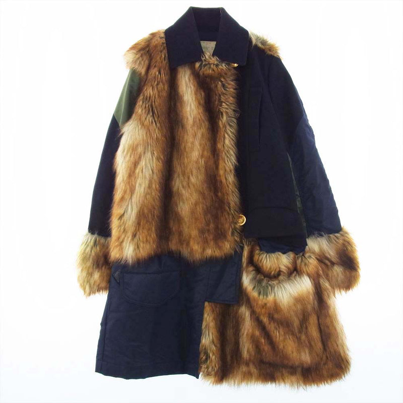 Sacai サカイ 18-04032 Military Coat Faux Fur Panel ミリタリー フェイク ファー パネル ドッキング  ナイロン ウール コート ネイビー系 カーキ系 1【中古】