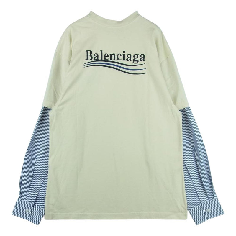 BALENCIAGA バレンシアガ 22SS 698631 キャンペーンロゴ ダメージ加工 レイヤード カットソー Tシャツ 長袖 ベージュ系  ライトブルー系 ホワイト系 L【中古】