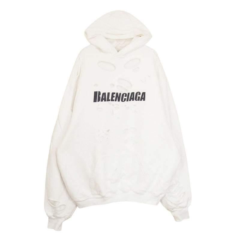 BALENCIAGA バレンシアガ 21SS 659403 TKVB6 デストロイ加工 ロゴ ミディアム パーカー ホワイト系 XXS【中古】