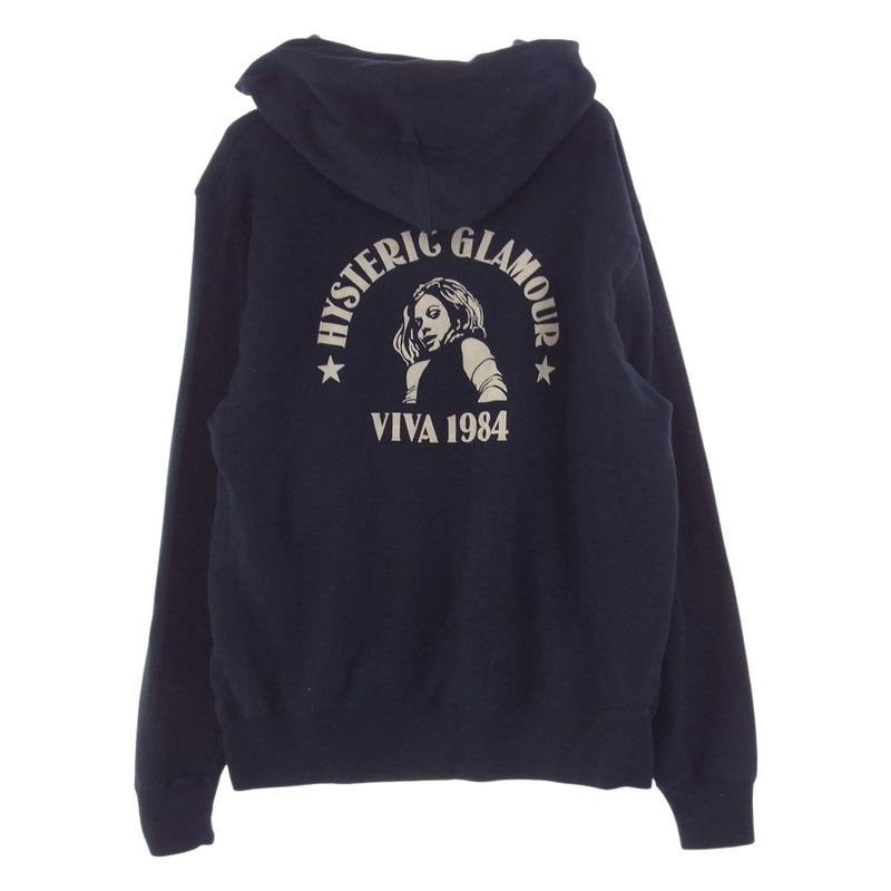 HYSTERIC GLAMOUR ヒステリックグラマー 22AW 02223CF06 VIVA1984 ビバ フロッキー ロゴ バックプリント  スウェット パーカー ネイビー系 L【中古】