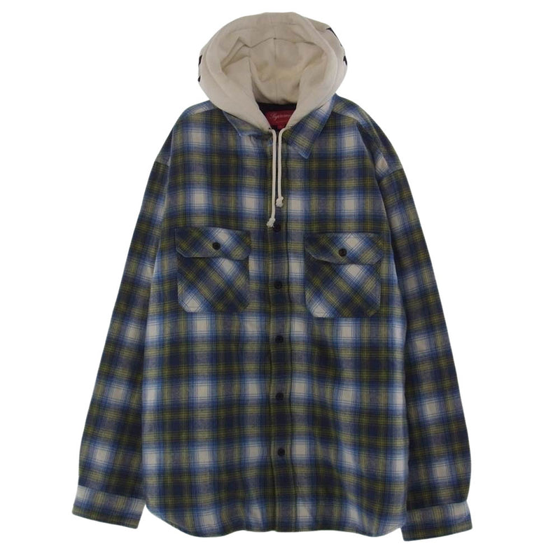 Supreme シュプリーム 21AW Hooded Flannel Zip up Shirt フーデッド パーカー フランネル ジップアップ  チェック シャツ ホワイト系 ブルー系 イエロー系 L【美品】【中古】