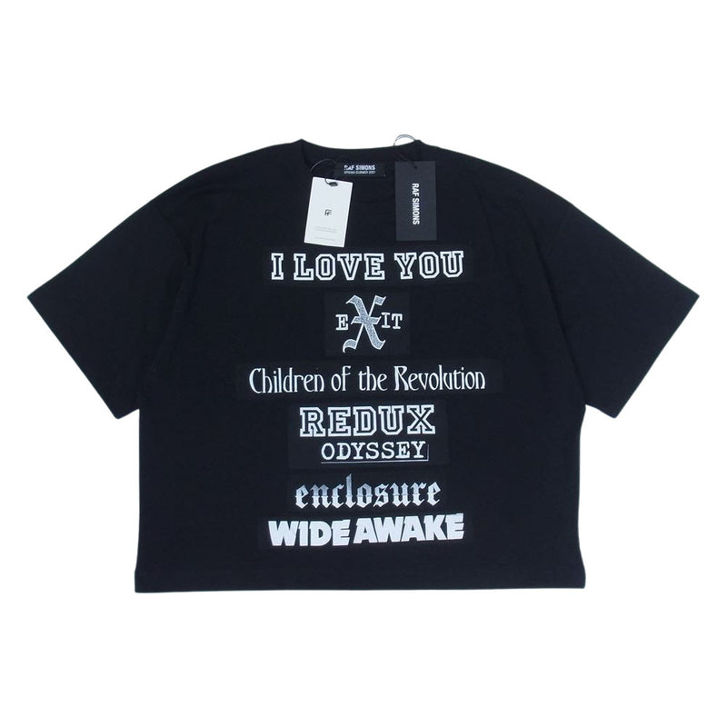 RAF SIMONS ラフシモンズ 21SS 211-M123-19001-009 訳有品 ARCHIVE REDUX Big Fit Tshirt  WITH WORDING PATCHES テロ期 アーカイブ リダックス オーバーサイズ クロップド 半袖 Tシャツ ブラック系 XS【美品】【中古】