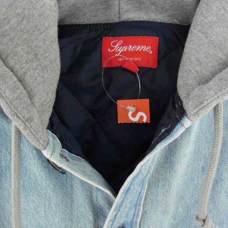 Supreme シュプリーム 22AW Fleece Hooded Denim Shirt シュプリーム フリースフーデットデニムシャツ  プルオーバーパーカー ロゴ刺繍 中綿ジャケット インディゴブルー系 グレー系 S【中古】