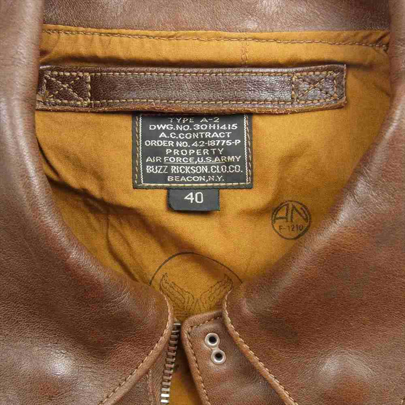 Buzz Rickson's バズリクソンズ 30H1415 TYPE A-2 フライト レザー ジャケット 赤リブ ITALY Horsehide  ホースハイド ブラウン系 40【中古】