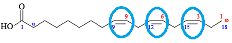 omega-3 fatty acid alpha-linolenic acid with the double bonds circled in blue