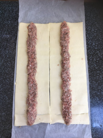 Homemade sausage rolls before rolling