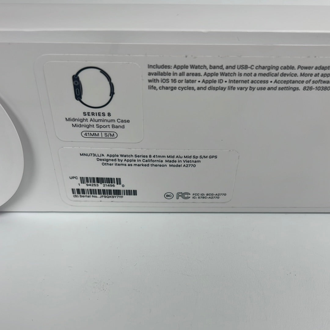 New GPS Only Apple Watch Series 8 41mm Midnight Aluminum with