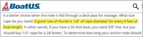 Anchor Rope Sizing Rule of Thumb