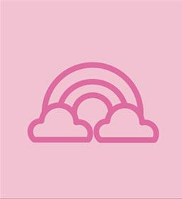 Dark pink outline of a rainbow with a cloud on each end on a light pink background
