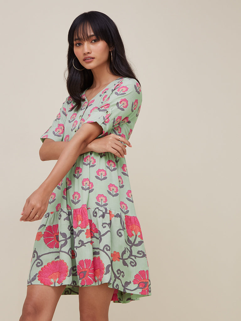 Bombay Paisley Sage Floral Tiered Dress