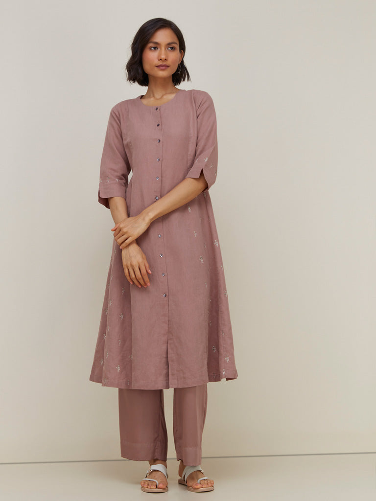 Zuba Light Brown Embroidered Fit-and-Flare Kurta