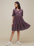 Bombay Paisley Dark Mauve Embroidered Tiered Dress