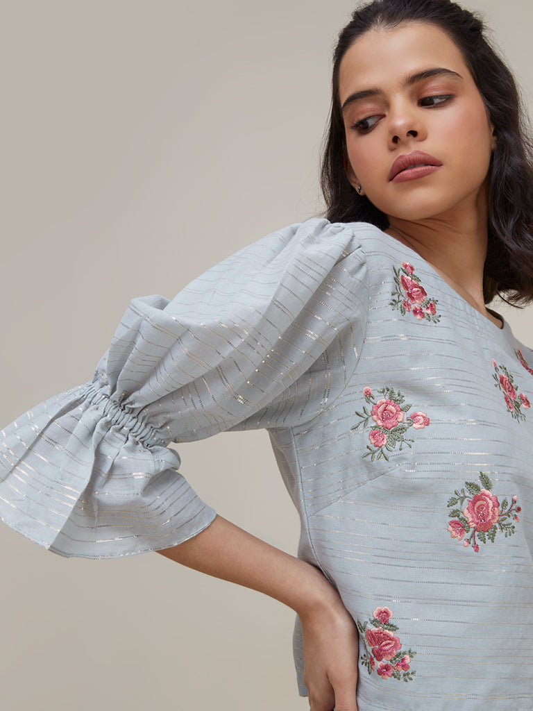 Bombay Paisley Light Blue Floral-Embroidered Top