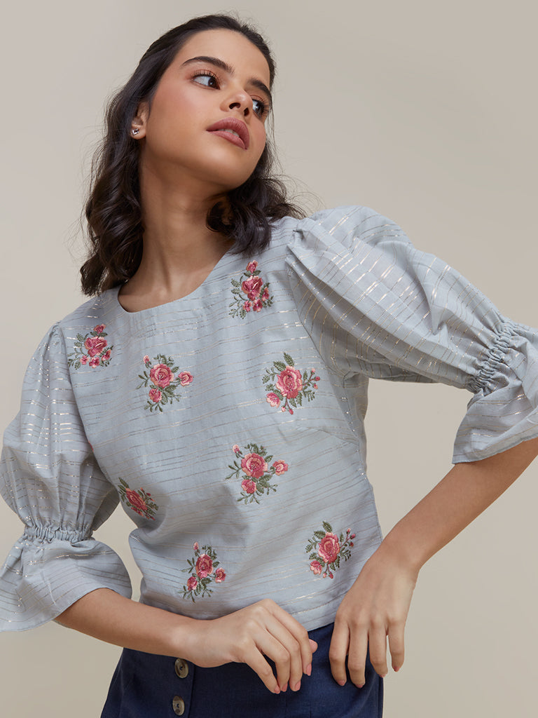 Bombay Paisley Light Blue Floral-Embroidered Top