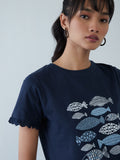 Bombay Paisley Navy Fish Design Cropped T-Shirt