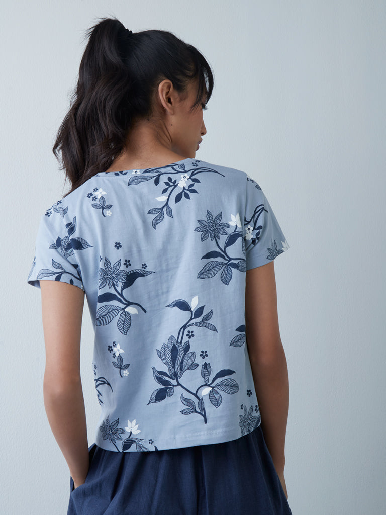 Bombay Paisley Blue Flower Print Crop T-Shirt