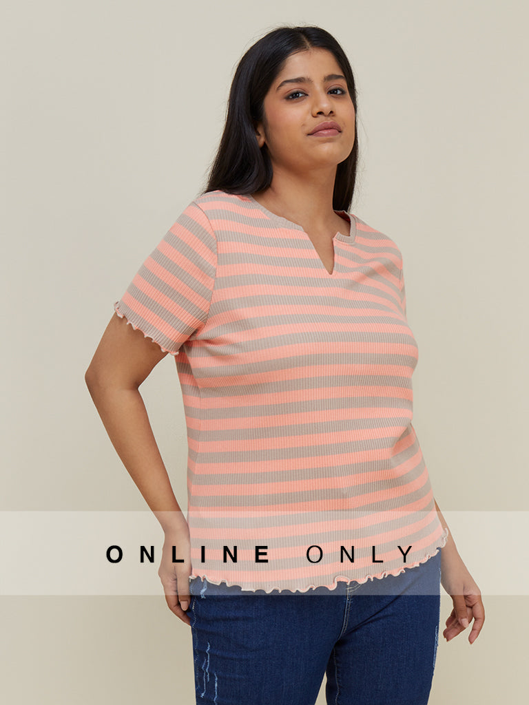 Sassy Soda Curves Coral And Beige Betty Top