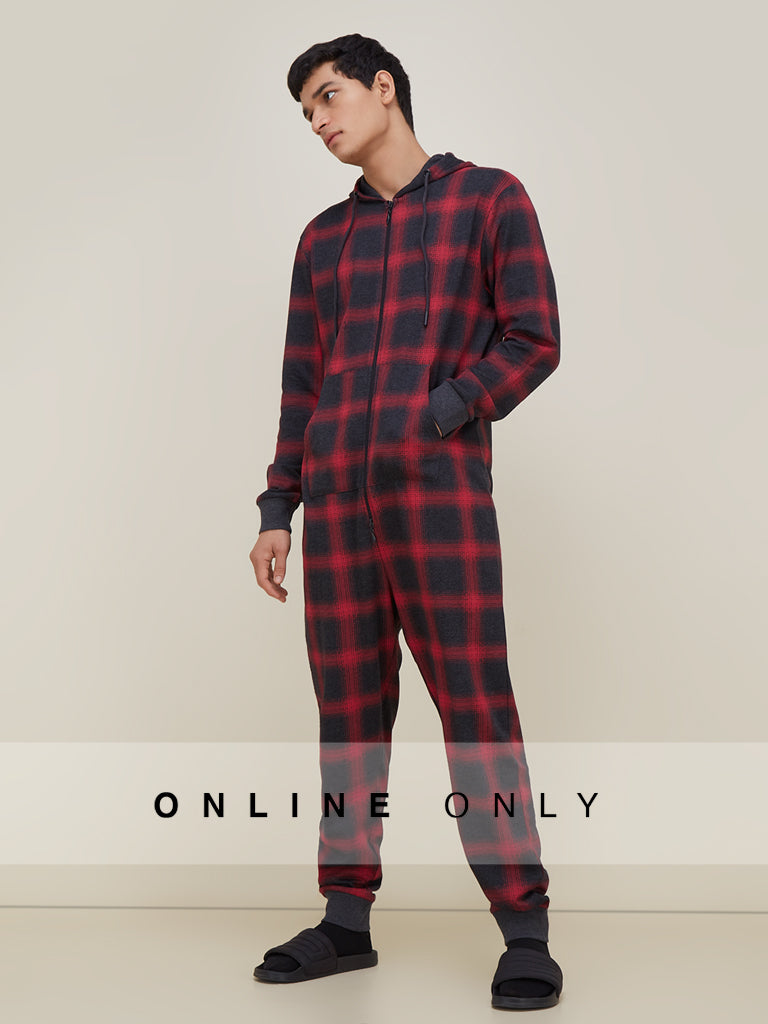 WES Lounge Red Checkered Relaxed Fit Jumpsuit