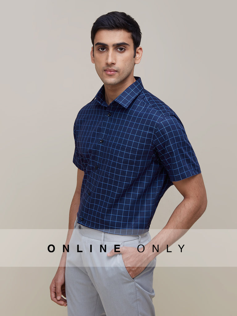 WES Formals Navy Checkered Relaxed-Fit Shirt