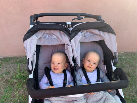 Happy twins in their Mountain Buggy Duet