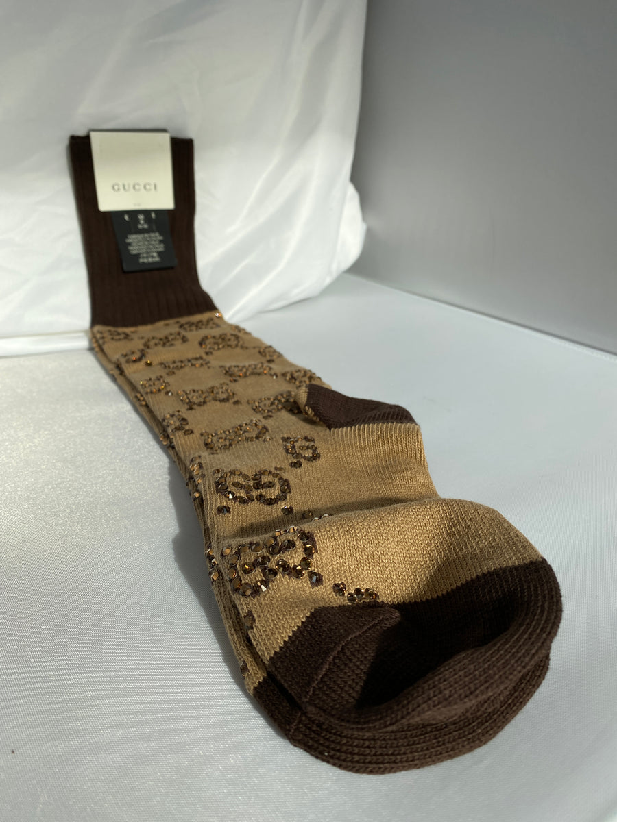 Crystal Embellished Socks in Beige –