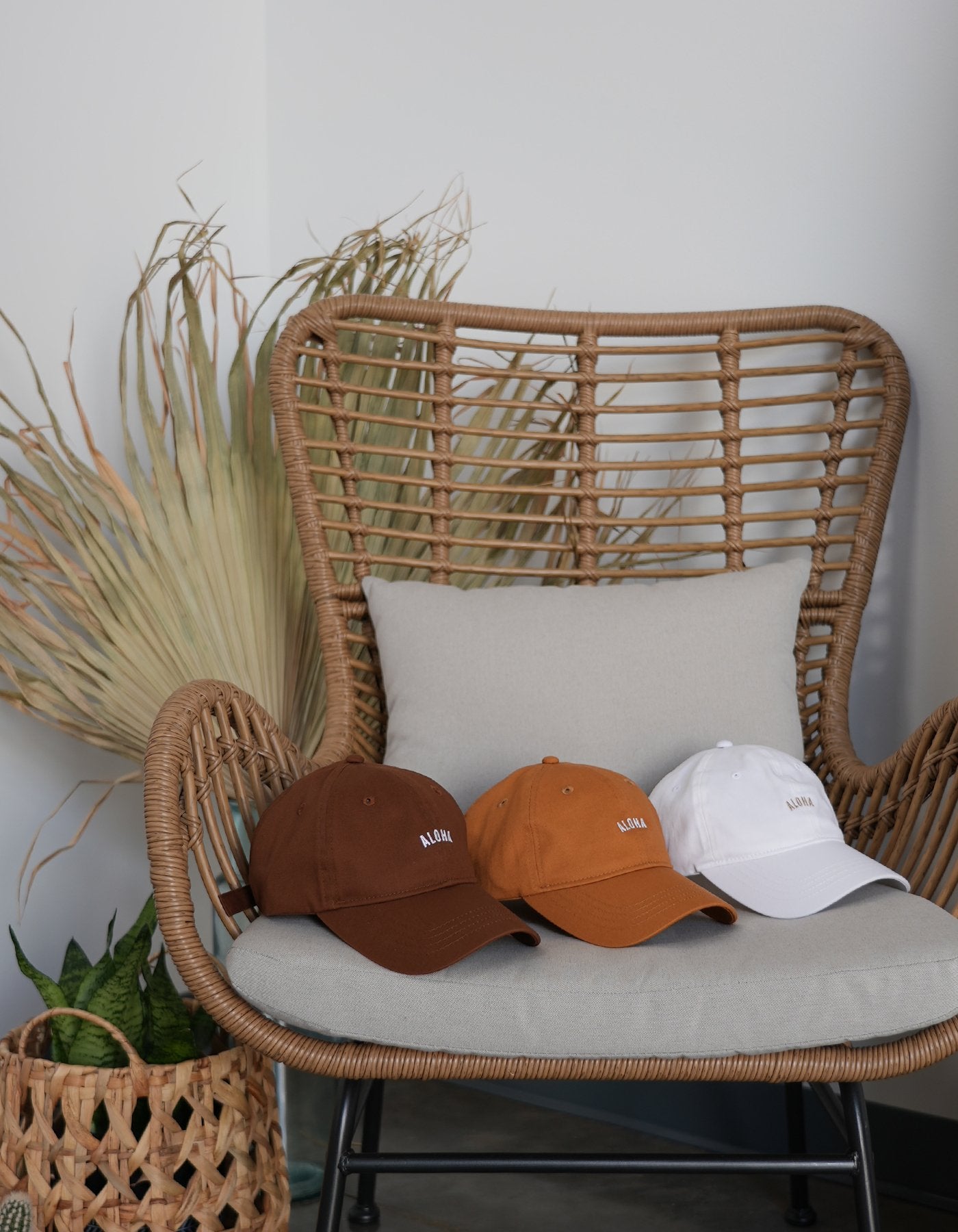 Crimson tavernorlando Aloha Dad Hats shown in 3 different colors. Brown, Burnt Orange & white