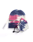 pink and blue Beanie with matching mask. dark blue, pink, gray and white tie dye pattern