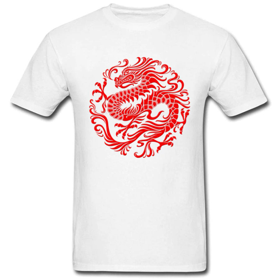 white t shirt with red dragon