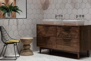 Walnut vanity unit and hexagonal tiles at Halo Tiles and Bathrooms Showroom Wexford