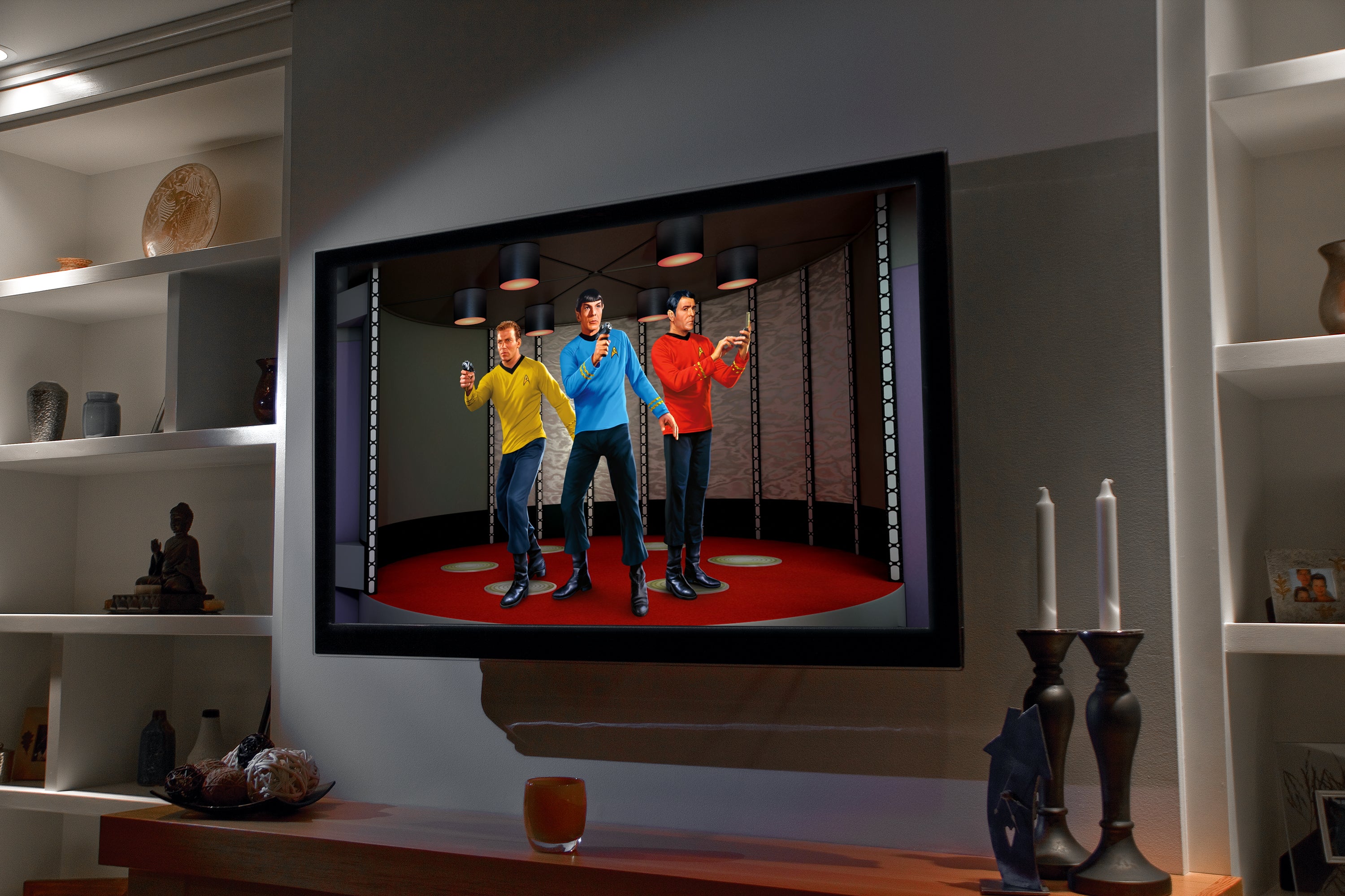 The Original Series crew decorating a living room TV