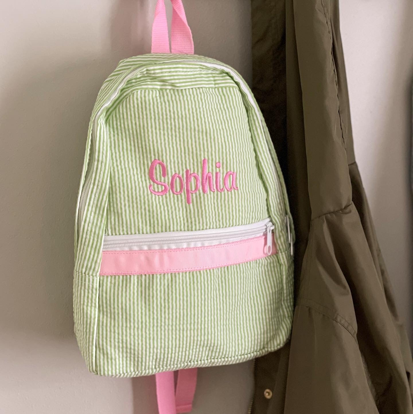 Personalized Small Seersucker Backpack - Lime