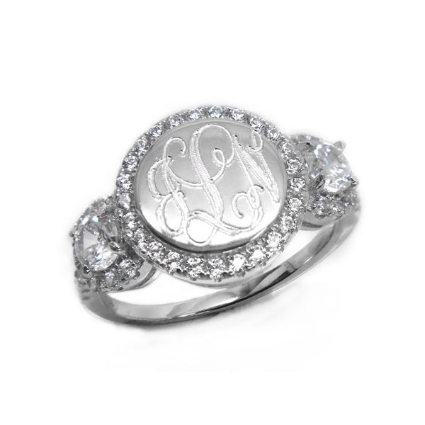 Sterling Silver Round CZ Rimmed Monogram Ring with Ornate Band - Be Monogrammed