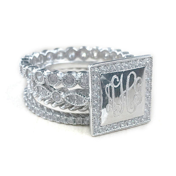 Sterling Silver Square CZ Rimmed Monogram Stacking Ring - Be Monogrammed