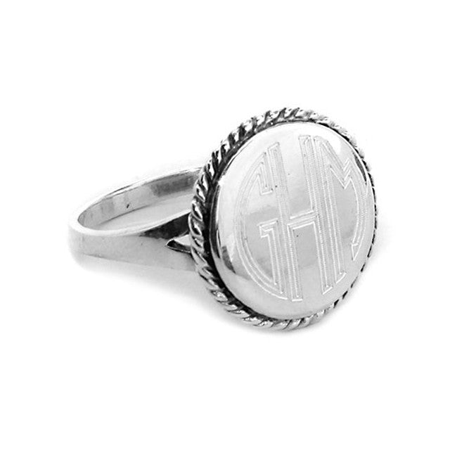 Sterling Silver Monogram Round Rope Edge Ring - Be Monogrammed
